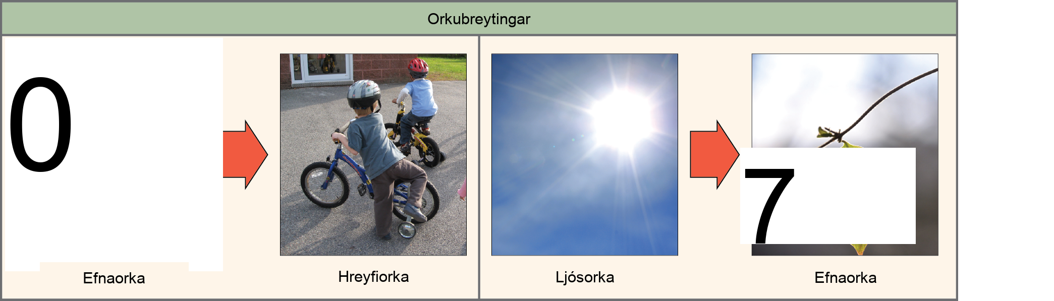 The left side of this diagram depicts energy being transferred from an ice cream cone to two boys riding a bike; this is described as chemical energy to kinetic energy. The right side depicts a plant converting light energy into chemical energy.