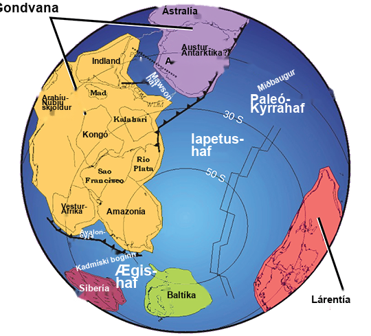 A world map shows two continents, Gondwana and Laurentia, which are shaped very differently from the continents of today. Gondwana was made up of two smaller subcontinents separated by a narrow sea. One continent contained modern Antarctica, and the other contained parts of Africa.