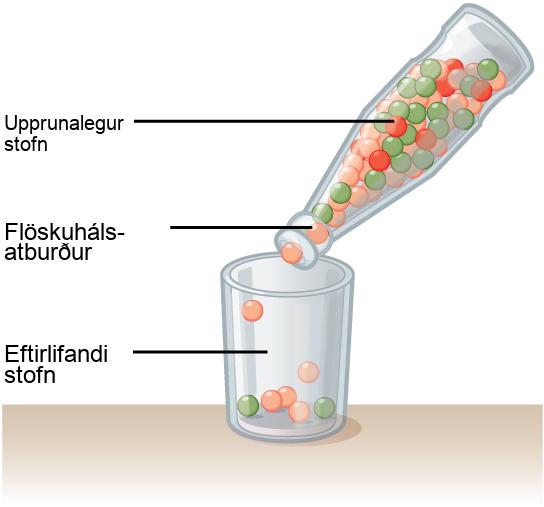 This illustration shows a narrow-neck bottle filled with red, orange, and green marbles. The bottle is tipped so the marbles pour into a glass. Because of the bottleneck, only seven marbles escape, and these are all orange and green. The marbles in the bottle represent the original population, and the marbles in the glass represent the surviving population. Because of the bottleneck effect, the surviving population is less diverse than the original population.