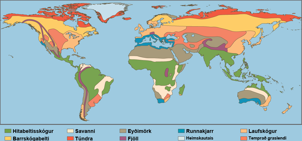 This world map shows the eight major biomes, polar ice, and mountains. Tropical forests, deserts and savannas are found primarily in South America, Africa, and Australia. Tropical forests also dominate Southeast Asia. Deserts dominate the Middle East and are found in the southwestern United States. Chaparral is found all around the Mediterranean Sea, in southern Australia, on the southern tip of Africa, and in California in southwestern North America. Temperate forests dominate the eastern United States, Europe, and Eastern Asia. Temperate grasslands dominate the midwestern United States and parts of Asia, and are also found in South America. The boreal forest is found in northern Canada, Europe, and Asia, and tundra exists to the north of the boreal forest in each of these regions. Mountainous regions run the length of North and South America, and are found in northern India, Africa, and parts of Europe. Polar ice covers Greenland.