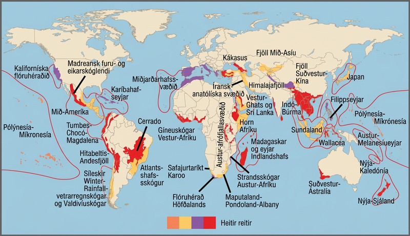 Biodiversity hotspots are indicated on a world map. Most hotspots occur in coastal regions and on islands. Some of the hotspots include New Zealand, Madagascar, Thailand, Vietnam, the west coast of Central America, and southwest Austrailia. Some other areas indicated are the California cost, labeled as the California floristic province, the Mediterranean Basin, and the Carribean islands.