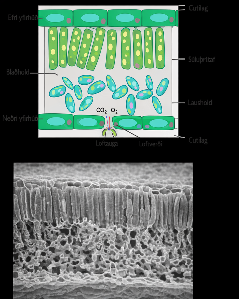 Part A is a leaf cross section illustration. A flat layer of rectangular cells make up the upper and lower epidermis. A cuticle layer protects the outside of both epidermal layers. A stomatal pore in the lower epidermis allows carbon dioxide to enter and oxygen to leave. Oval guard cells surround the pore. Sandwiched between the upper and lower epidermis is the mesophyll. The upper part of the mesophyll is comprised of columnar cells called palisade parenchyma. The lower part of the mesophyll is made up of loosely packed spongy parenchyma. Part B is a scanning electron micrograph of a leaf in which all the layers described above are visible. Palisade cells are about 50 microns tall and 10 microns wide and are covered with tiny bumps, which are the chloroplasts. Spongy parenchyma cells are smaller and irregularly shaped. Several large bumps about 20 microns across project from the lower surface of the leaf.