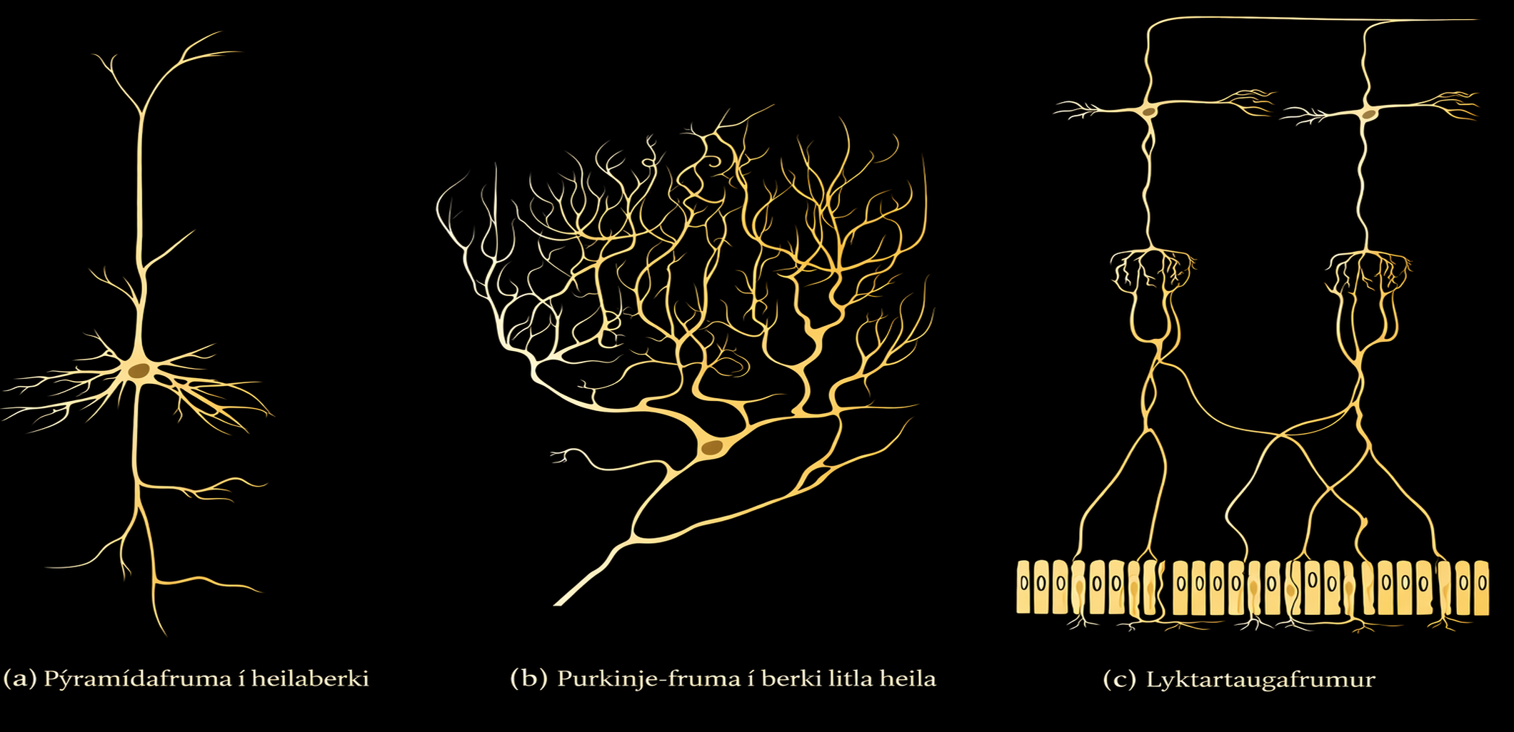 Part A shows a pyramidal cell with two long, branched projections on either end of the soma. Dendrites branch from either side. Part B shows a Purkinje cell with highly branched dendrites opposite the axon. Part C shows cells with long, thin axons. The dendrites are less branched than in pyramidal or Purkinje cells.