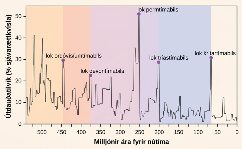 The chart shows percent extinction intensity of eliminated marine genera versus time in millions of years before present. Extinction intensity spikes at boundaries between periods, including the end of the Ordovician which had 30 percent extinction occurrences of marine genera approximately 450 million years ago. The late Devonian had approximately 25 percent extinction occurrences of marine genera at roughly 375 million years ago. The end of the Permian had 50 percent extinction occurrences of marine genera approximately 250 million years ago. The end of the Triassic had roughly 30 percent extinction occurrences of marine genera 200 million years ago. And the end of the Cretaceous periods had over 30 percent extinction occurrences of marine genera roughly 70 million years ago.