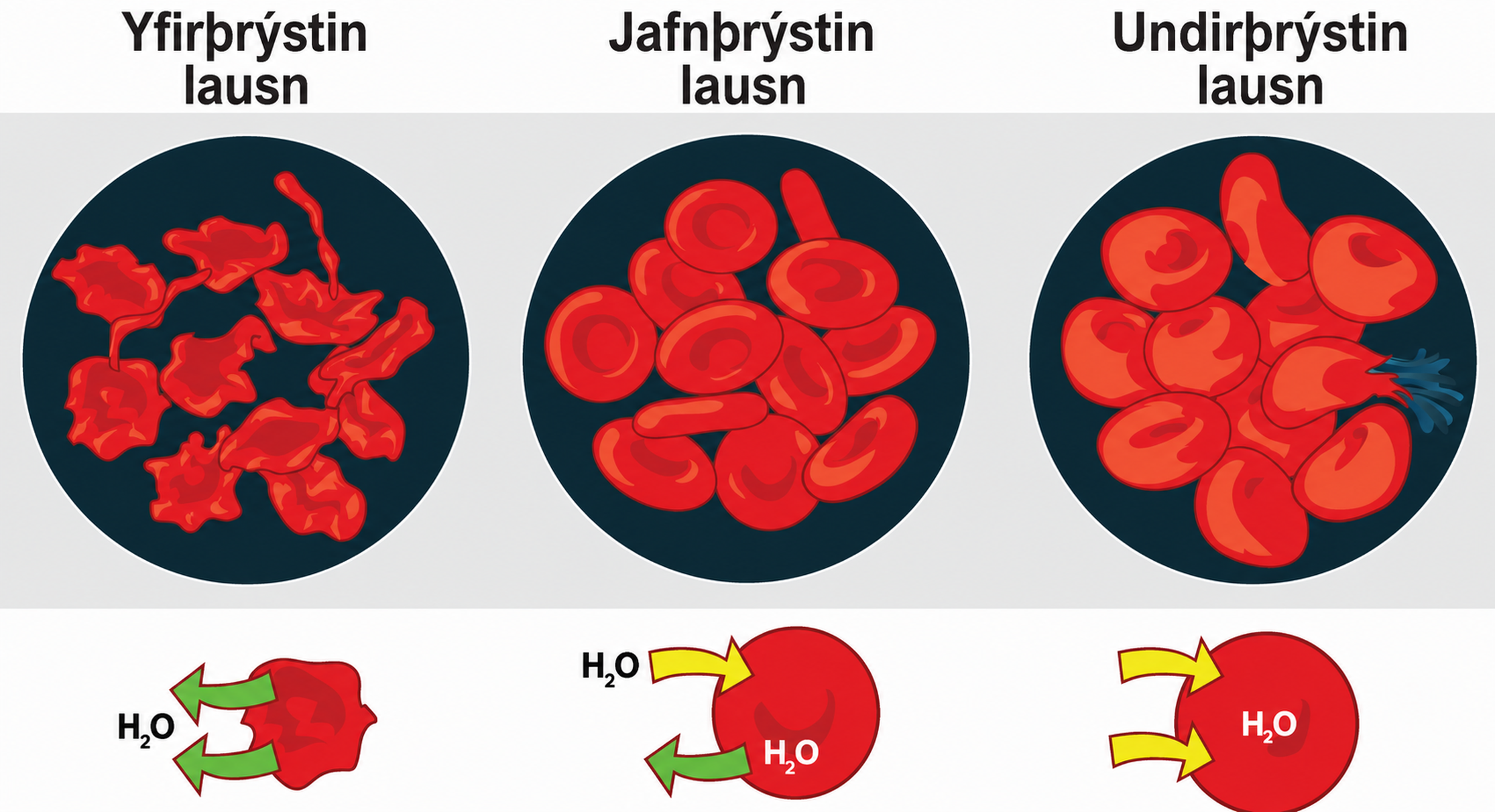The left part of this illustration shows shriveled red blood cells bathed in a hypertonic solution. Below this, a diagram shows that upper case H subscript 2 baseline upper case O is leaving the red blood cell. The middle part shows healthy red blood cells bathed in an isotonic solution. A diagram below this shows upper H subscript 2 baseline upper O both entering and exiting the cell. And the right part shows bloated red blood cells bathed in a hypotonic solution. One of the bloated cells in the hypotonic solution bursts. A diagram below this shows upper H subscript 2 baseline upper O entering the cell.