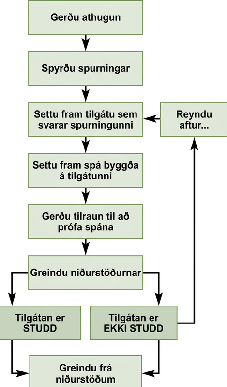 A flow chart shows the steps in the scientific method. In step 1, an observation is made. In step 2, a question is asked about the observation. In step 3, an answer to the question, called a hypothesis, is proposed. In step 4, a prediction is made based on the hypothesis. In step 5, an experiment is done to test the prediction. In step 6, the results are analyzed to determine whether or not the hypothesis is correct. If the hypothesis is incorrect, another hypothesis is made. In either case, the results are reported.