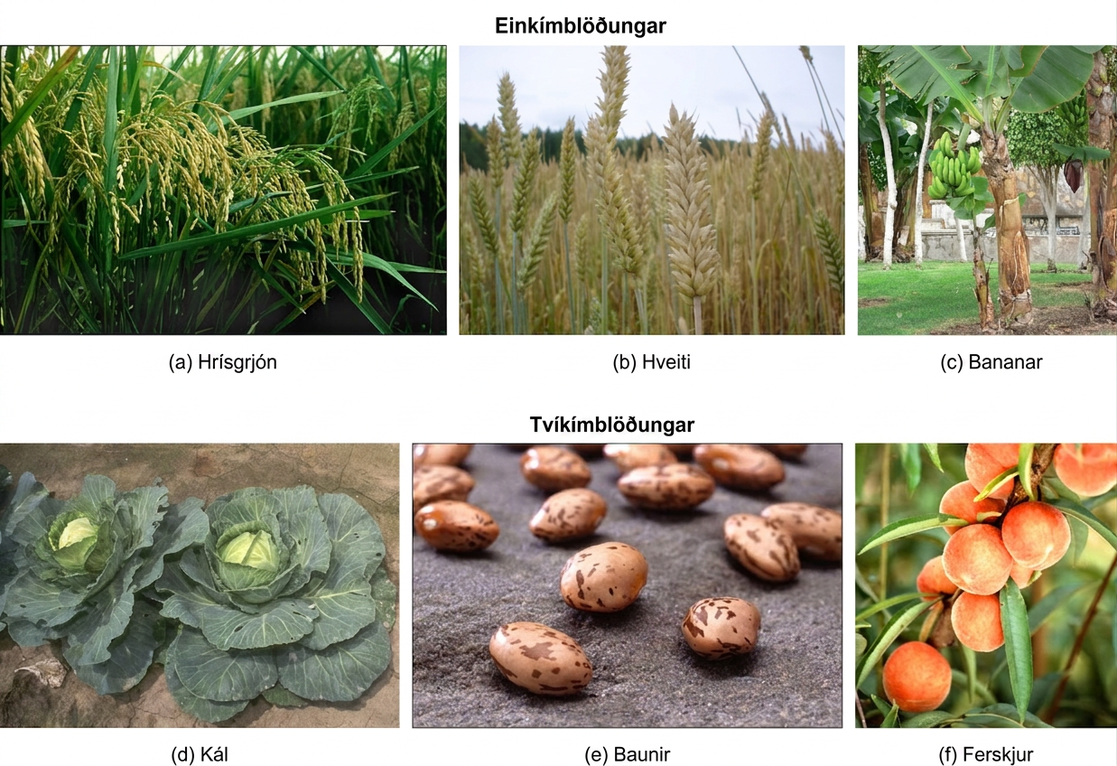 Under monocots, the first photo shows rice, which has long, thin blade-like leaves and clusters of seeds on long stems. The second photo shows wheat, which is similar in appearance to rice. The third photo shows a banana tree, with bunches of green bananas growing upward. Under dicots, the first photo shows leafy cabbages growing in a garden. The second shows light brown, oval-shaped beans with dark brown flecks. The third photo shows peaches growing on a tree.