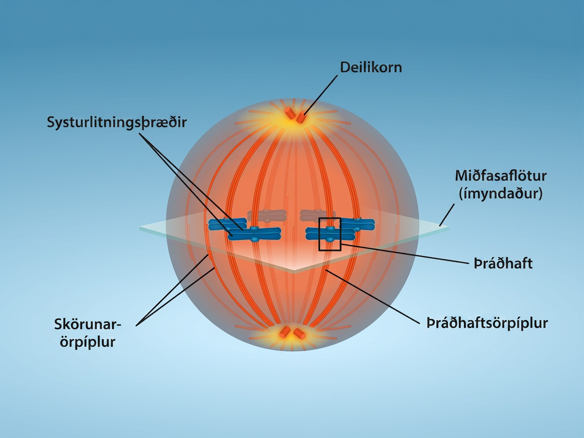 A cell shows overlapping microtubules extending throughout the cell. At the center of the cell, sister chomratids line up. At their center are kinetochores. And at the very ends of the cell, away from the center, are centrosomes.