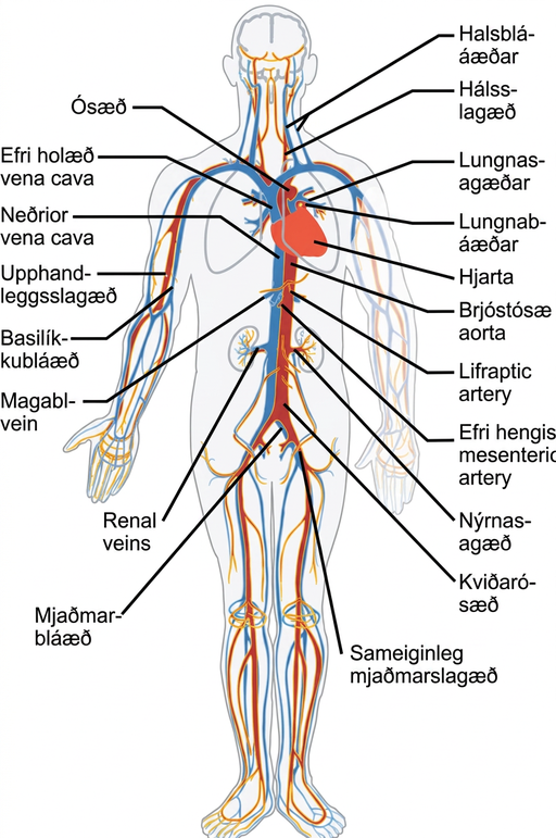 Illustration shows the major human blood vessels. From the heart, blood is pumped into the aorta and distributed to systemic arteries. The carotid arteries bring blood to the head. The brachial arteries bring blood to the arms. The thoracic aorta brings blood down the trunk of the body along the spine. The hepatic, gastric and renal arteries, which branch from the thoracic aorta, bring blood to the liver, stomach and kidneys, respectively. The iliac artery brings blood to the legs. Blood is returned to the heart through two major veins, the superior vena cava at the top, and the inferior vena cava at the bottom. The jugular veins return blood from the head. The basilic veins return blood from the arms. The hepatic, gastric and renal veins return blood from the liver, stomach and kidneys, respectively. The iliac vein returns blood from the legs.