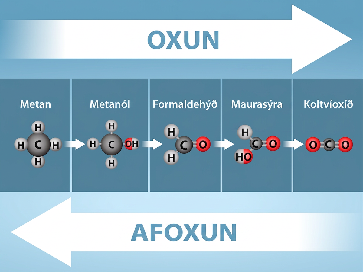 A progression of oxidation and reduction. The illustration shows that as methane loses electrons as it passes through oxidation processes, first becoming methanol, then formaldehyde, then formic acid, then carbon dioxide. The illustration shows that if the reverse occurred, and carbon dioxide progressed to methane, it would be adding electrons and going through reduction.