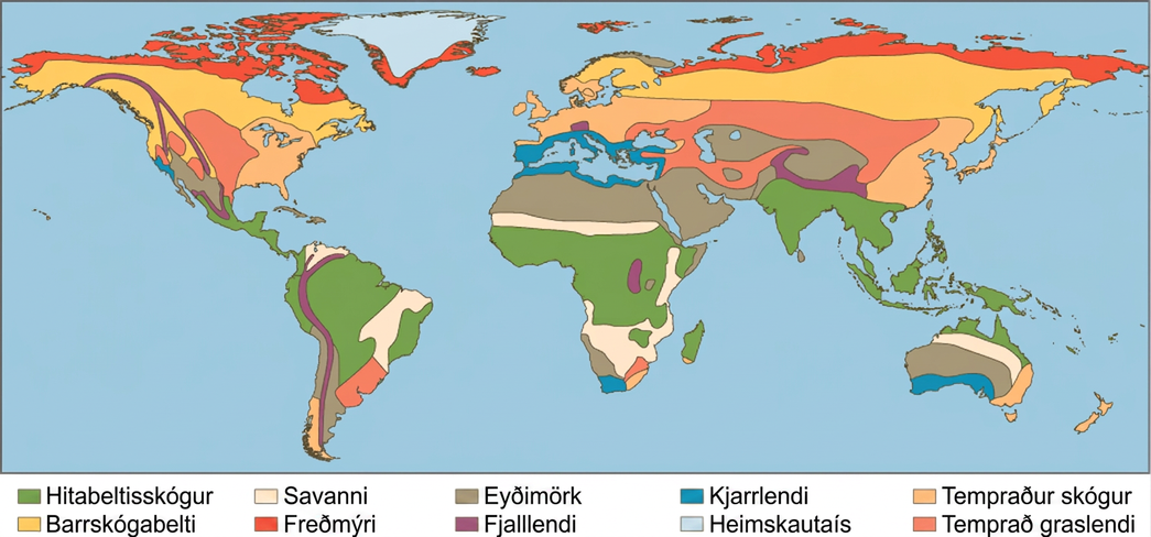 This world map shows the eight major biomes, polar ice, and mountains. Tropical forests, deserts and savannas are found primarily in South America, Africa, and Australia. Tropical forests also dominate Southeast Asia. Deserts dominate the Middle East and are found in the southwestern United States. Chaparral is found all around the Mediterranean Sea, in southern Australia, on the southern tip of Africa, and in California in southwestern North America. Temperate forests dominate the eastern United States, Europe, and Eastern Asia. Temperate grasslands dominate the midwestern United States and parts of Asia, and are also found in South America. The boreal forest is found in northern Canada, Europe, and Asia, and tundra exists to the north of the boreal forest in each of these regions. Mountainous regions run the length of North and South America, and are found in northern India, Africa, and parts of Europe. Polar ice covers Greenland.