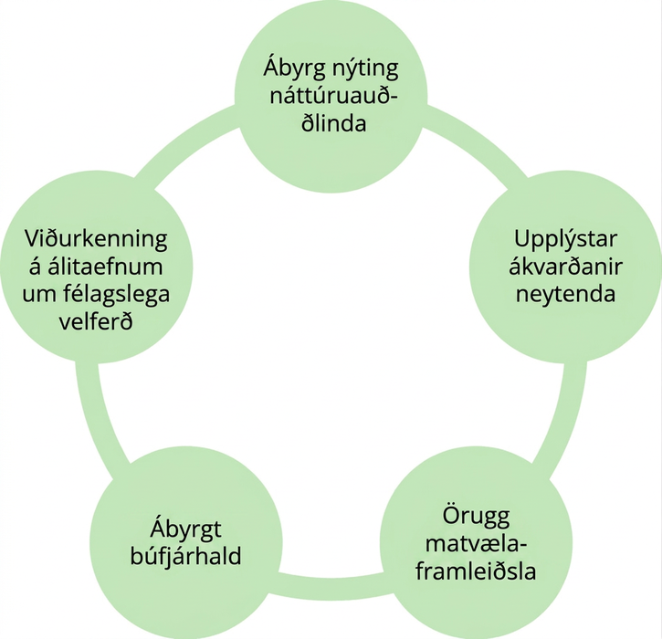 Myndin sýnir fimm hringi sem raðað er í hring og línur tengja hvern þeirra við hina. Frá efsta hring og réttsælis standa: „Ábyrg nýting náttúruauðlinda“, „Upplýstar ákvarðanir neytenda“, „Örugg matvælaframleiðsla“, „Ábyrgt búfjárhald“ og „Viðurkenning á velferðarmálum samfélagsins“.