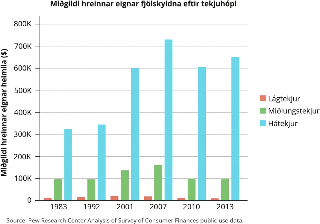 Súluritið ber heitið „Miðgildi hreinnar eignar fjölskyldna eftir tekjuhópi“ og sýnir hreina eign lágtekju-, millitekju- og hátekjufjölskyldna eftir árum. Lóðrétti ásinn ber heitið „Miðgildi hreinnar eignar heimila í dölum“. Hann hefst við 0 dali og hækkar um 100.000 dali í senn upp í 800.000 dali. Lárétti ásinn sýnir árin 1983, 1992, 2001, 2007, 2010 og 2013. Árið 1983 er súlan fyrir lágtekjuhópinn um 20.000, millitekjuhópinn um 100.000 og hátekjuhópinn um 330.000. Árið 1992 eru gildin um 25.000, 100.000 og 350.000. Árið 2001 eru þau um 30.000, 140.000 og 600.000. Árið 2007 eru þau um 25.000, 170.000 og 730.000. Árið 2010 eru þau um 20.000, 100.000 og 600.000. Árið 2013 eru þau um 20.000, 100.000 og 650.000.