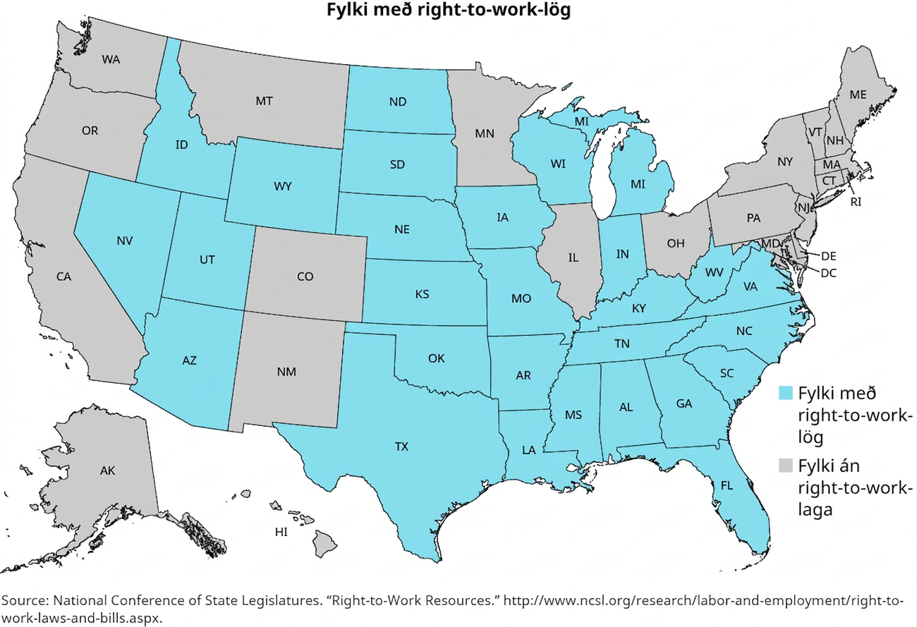Kort af Bandaríkjunum ber heitið „Fylki með right-to-work-lög“. Fylkin með slík lög eru Nevada, Idaho, Utah, Arizona, Wyoming, North Dakota, South Dakota, Nebraska, Kansas, Oklahoma, Texas, Iowa, Missouri, Arkansas, Louisiana, Mississippi, Alabama, Tennessee, Kentucky, Indiana, Michigan, Wisconsin, West Virginia, Virginia, North Carolina, South Carolina, Georgia og Florida. Fylkin án slíkra laga eru Alaska, Hawaii, Washington, Oregon, California, Montana, Colorado, New Mexico, Minnesota, Illinois, Ohio, Maine, Vermont, New Hampshire, Massachusetts, Connecticut, Rhode Island, New York, New Jersey, Pennsylvania, Maryland, Delaware og Washington, D.C.