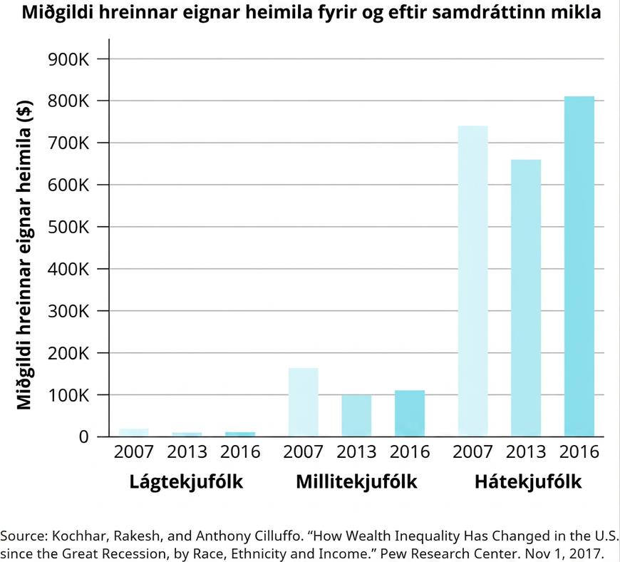 Súluritið ber heitið „Miðgildi hreinnar eignar heimila fyrir og eftir samdráttinn mikla“. Lóðrétti ásinn sýnir miðgildi hreinnar eignar heimila í Bandaríkjadölum; gildin byrja við 0 og hækka um 100.000 upp í 900.000. Lárétti ásinn skiptist í „lágtekjuhóp“, „millitekjuhóp“ og „hátekjuhóp“. Fyrir hvern tekjuhóp eru súlur fyrir árin 2007, 2013 og 2016. Allar súlur lágtekjuhópsins eru undir 100.000. Súlan fyrir 2007 nær um 20.000 en súlurnar fyrir 2013 og 2016 lækka lítillega frá því. Súlur millitekjuhópsins liggja á bilinu um 100.000–160.000. Súlan fyrir 2007 er um 160.000, súlan fyrir 2013 um 100.000 og súlan fyrir 2016 um 110.000. Súlur hátekjuhópsins liggja á bilinu um 660.000–810.000. Súlan fyrir 2007 er um 740.000, súlan fyrir 2013 um 660.000 og súlan fyrir 2016 um 810.000.