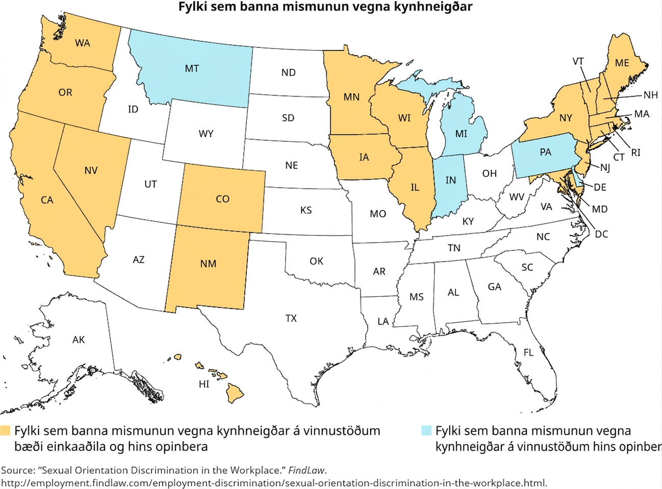 Kort af Bandaríkjunum ber heitið „Fylki sem banna mismunun vegna kynhneigðar“. Fylkin eru lituð eftir því hvort þau banna slíka mismunun á opinberum vinnustöðum og hjá einkafyrirtækjum. Fylki sem banna mismunun vegna kynhneigðar bæði á opinberum vinnustöðum og hjá einkafyrirtækjum eru Kalifornía, Colorado, Connecticut, Hawaii, Illinois, Iowa, Maine, Maryland, Massachusetts, Minnesota, Nevada, New Hampshire, New Jersey, Nýja-Mexíkó, New York, Oregon, Rhode Island, Vermont, Washington og Wisconsin. Fylki sem banna mismunun vegna kynhneigðar á opinberum vinnustöðum eru Delaware, Indiana, Michigan, Montana og Pennsylvania.