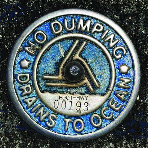 Skilti með áletruninni „No Dumping, Drains to Ocean“ (Ekki losa úrgang, niðurföll liggja til sjávar).