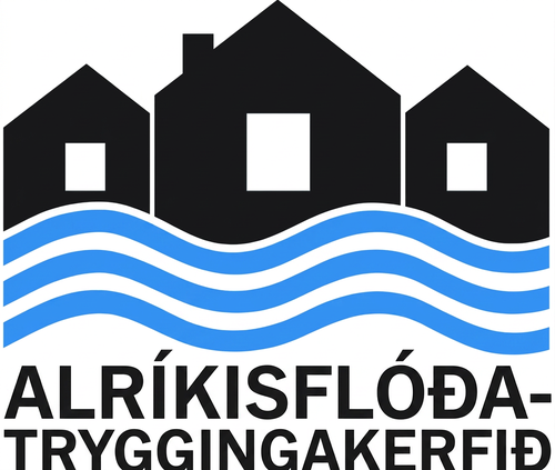 Myndin sýnir merki Alríkisflóðatryggingakerfisins. Á því eru útlínur þriggja húsa og undir þeim bylgjulínur sem tákna vatn. Undir línunum stendur enska heitið „National Flood Insurance Program“.
