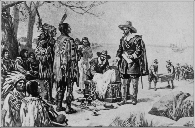 Myndin sýnir hvítan mann með skjal á fundi með tveimur frumbyggjum Ameríku. Fleiri frumbyggjar hafa safnast saman og sitja á jörðinni fyrir aftan þá. Annar hvítur maður stendur við hlið hins fyrri og tekur efni upp úr kistu.