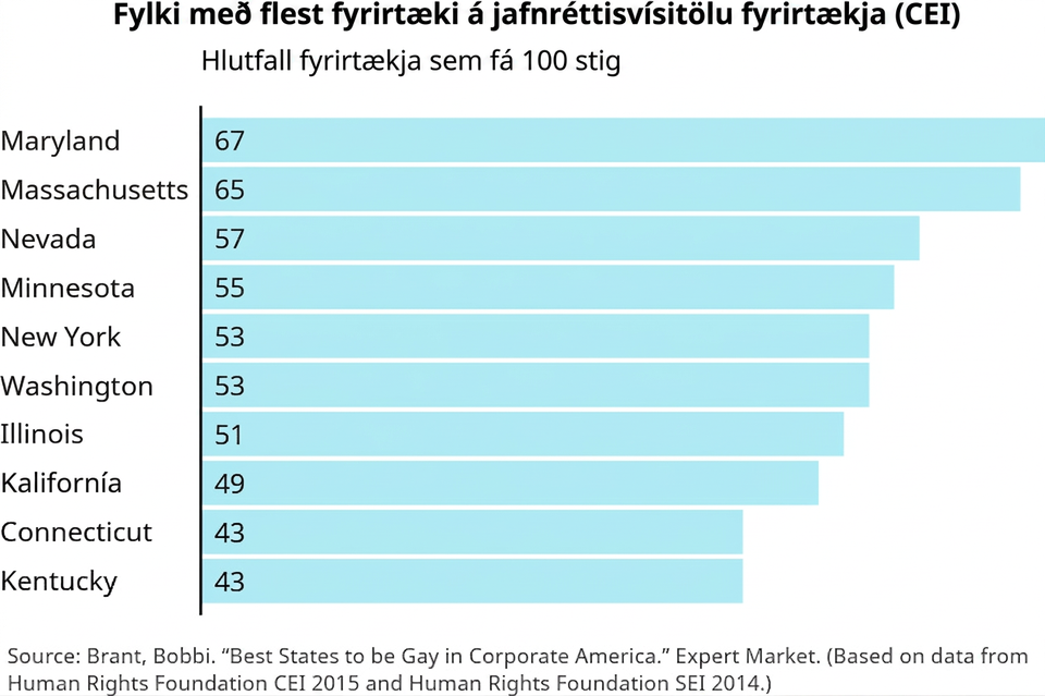 Súluritið ber heitið „Fylki með flest fyrirtæki á Corporate Equality Index (CEI)“. Súlurnar sýna hlutfall fyrirtækja í hverju fylki sem fá 100 stig. Fylkin eru talin upp vinstra megin og súlurnar liggja til hægri. Frá efstu súlu til þeirrar neðstu sýnir ritið Maryland með 67 prósent, Massachusetts 65 prósent, Nevada 57 prósent, Minnesota 55 prósent, New York 53 prósent, Washington 53 prósent, Illinois 51 prósent, Kaliforníu 49 prósent, Connecticut 43 prósent og Kentucky 43 prósent.