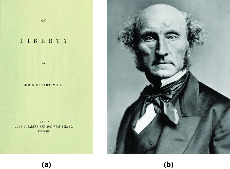 Hluti a sýnir prentað eintak af Frelsinu eftir John Stuart Mill. Hluti b sýnir John Stuart Mill.