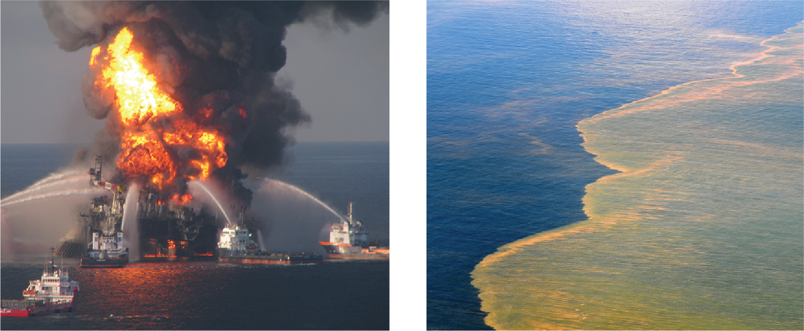 Vinstra megin: Deepwater Horizon-olíuborpallurinn stendur í ljósum logum og mörg skip umhverfis hann sprauta slökkviefni. Hægra megin: Olía flýtur á yfirborði Mexíkóflóa.