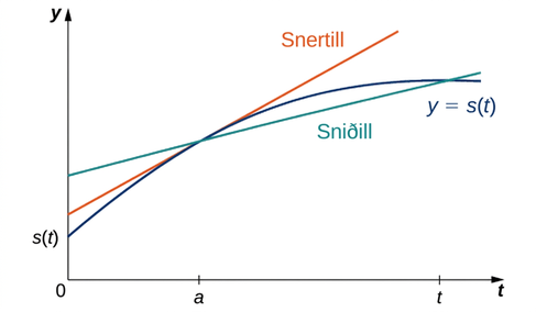 Myndin sýnir kartesískt hnitakerfi þar sem 0, a og t1 eru merkt á t-ásinn. Graf fallsins y = s(t) er teiknað í fyrsta fjórðungi ásamt tveimur línum sem merktar eru snertill og sniðill. Snertillinn snertir y = s(t) aðeins í einum punkti, (a, s(a)). Sniðillinn sker y = s(t) í tveimur punktum: (a, s(a)) og (t1, s(t1)).