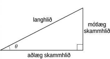 Myndin sýnir rétthyrndan þríhyrning. Lengsta hliðin er merkt hyp, styttri skammhliðin, sem liggur á móti horninu, er merkt opp og lengri skammhliðin, sem liggur að horninu, er merkt adj. Hornið milli langhliðarinnar og aðlægu skammhliðarinnar er táknað með θ.