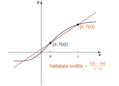 Graf sýnir almennt sveigt fall sem liggur gegnum punktana (0,0), (a, f(a)) og (x, f(x)). Bein lína, sem nefnist sniðill, er dregin gegnum punktana (a, f(a)) og (x, f(x)). Hún liggur neðan við sveigða fallið milli a og x en ofan við það fyrir gildi sem eru stærri en x eða minni en a. Sveigða fallið og sniðillinn skerast einu sinni enn í einhverjum punkti í þriðja fjórðungi hnitakerfisins. Hallatala sniðilsins er ( f(x) – f(a) ) / (x – a).