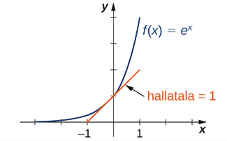 Mynd af grafi. x-ásinn nær frá -3 til 3 og y-ásinn nær frá 0 til 4. Grafið sýnir fallið „f(x) = e í veldinu x“, vaxandi feril sem hefst rétt ofan við x-ásinn. Skurðpunkturinn við y-ásinn er punkturinn (0, 1). Í þessum punkti er dreginn snertill við graf fallsins. Línan er merkt „halli = 1“.