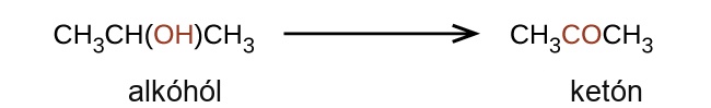 A reaction is shown. An alcohol appears on the left and a ketone on the right of the reaction arrow. The alcohol is shown as C H subscript 3 C H ( O H ) C H subscript 3 and the ketone is shown as C H subscript 3 C O C H subscript 3. The O H group in the alcohol structure and the C O group at the center of the ketone structure are in red.