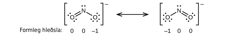 [Two Lewis structures are shown, with brackets surrounding each with a superscripted negative sign and a double ended arrow in between. The left structure shows a nitrogen atom with one lone pair of electrons single bonded to an oxygen atom with three lone pairs of electrons and double bonded to an oxygen atom with two lone pairs of electrons. The symbols and numbers below this structure read “open parenthesis, 0, close parenthesis, open parenthesis, 0, close parenthesis, open parenthesis, negative 1, close parenthesis. The right structure appears as a mirror image of the left and the symbols and numbers below this structure read “open parenthesis, negative 1, close parenthesis, open parenthesis, 0, close parenthesis, open parenthesis, 0, close parenthesis.]