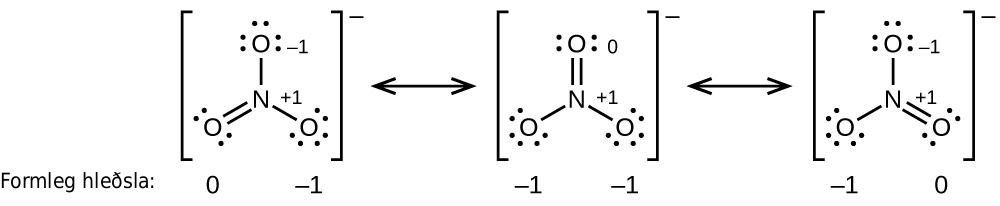 [Three Lewis structures are shown, with brackets surrounding each with a superscripted negative sign and a double ended arrow in between. The left structure shows a nitrogen atom single bonded to two oxygen atoms, each with three lone pairs of electrons and double bonded to an oxygen atom with two lone pairs of electrons. The single bonded oxygen atoms are labeled, from the top of the structure and going clockwise, “open parenthesis, negative 1, close parenthesis, open parenthesis, positive 1, close parenthesis”. The symbols and numbers below this structure read “open parenthesis, 0, close parenthesis, open parenthesis, negative 1, close parenthesis. The middle structure shows a nitrogen atom single bonded to two oxygen atoms, each with three lone pairs of electrons, one of which is labeled “open parenthesis, positive 1, close parenthesis” and double bonded to an oxygen atom with two lone pairs of electrons labeled “open parenthesis, 0, close parenthesis”. The symbols and numbers below this structure read “open parenthesis, negative 1, close parenthesis, open parenthesis, negative 1, close parenthesis. The right structure shows a nitrogen atom single bonded to two oxygen atoms, each with three lone pairs of electrons and double bonded to an oxygen atom with two lone pairs of electrons. One of the single bonded oxygen atoms is labeled, “open parenthesis, negative 1, close parenthesis while the double bonded oxygen is labeled, “open parenthesis, positive 1, close parenthesis”. The symbols and numbers below this structure read “open parenthesis, negative 1, close parenthesis” and “open parenthesis, 0, close parenthesis”.]