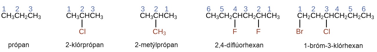 This figure shows structural formulas for propane, 2 dash chloropropane, 2 dash methylpropane, 2 comma 4 dash difluorohexane, and 1 dash bromo dash 3 dash chlorohexane. In each of the structures, the carbon atoms are in a row with bonded halogen atoms and a methyl group bonded below the figures. Propane is listed as simply C H subscript 3 C H subscript 2 C H subscript 3, with the numbers 1, 2, and 3 appearing above the carbon atoms from left to right. 2 dash chloropropane similarly shows C H subscript 3 C H C H subscript 3, with the numbers 1, 2, and 3 appearing above the carbon atoms from left to right. A C l atom is bonded below carbon 2. The C l atom is red. 2 dash methylpropane similarly shows C H subscript 3 C H C H subscript 3, with the numbers 3, 2, and 1 appearing above the carbon atoms from left to right. A C H subscript 3 group is bonded beneath carbon 2 and is red. 2 comma 4 dash difluorohexane similarly shows C H subscript 3 C H subscript 2 C H C H subscript 2 C H C H subscript 3, with the numbers 6, 5, 4, 3, 2, and 1 appearing above the carbon atoms from left to right. F atoms are bonded to carbons 4 and 2 at the bottom of the structure and are red. 1 dash bromo dash 3 dash chlorohexane similarly shows C H subscript 2 C H subscript 2 C H C H subscript 2 C H subscript 2 C H subscript 3, with numbers 1, 2, 3, 4, 5, and 6 appearing above the carbon atoms from left to right. B r is bonded below carbon 1 and C l is bonded below carbon 3. Both B r and C l are red.