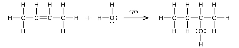 A reaction is shown. The first molecule shows a C atom bonded with three H atoms. The first C atom is bonded to another C atom. The second C atom is bonded to an H atom and also forms a double bond with a third C atom. The third C atom is bonded to one H atom and fourth C atom. The fourth C atom is bonded to three H atoms. There is a plus sign. The second molecule shows an O atom with two sets of electron dots bonded to two H atoms. There is an arrow pointing right which is labeled, “acid.” The new molecule is a C atom bonded to three H atoms and a second C atom. The second C atom is bonded to two H atoms and a third C atom. The third C atom is bonded to an H atom and an O atom with two sets of electron dots. The O atom is bonded to an H atom. The third C atom is bonded to a fourth C atom which is bonded to three H atoms.