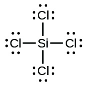 A Lewis structure shows a silicon atom that is single bonded to four chlorine atoms. Each chlorine atom has three lone pairs of electrons.