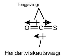Myndin sýnir tengjatvískautsvægi og heildartvískautsvægi sameindar með örvum, ásamt því hvernig skautaðar sameindir raðast í rafsviði.