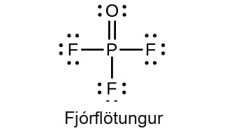 This Lewis structure shows a phosphorus atom single bonded to three fluorine atoms, each with three lone pairs of electrons. The phosphorus atom is also double bonded to an oxygen atom with two lone pairs of electrons. The label, “Tetrahedral,” is written under the structure.