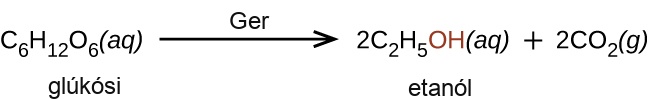 This figure shows the reaction of glucose to produce ethanol and C O subscript 2. The reaction shows C subscript 6 H subscript 12 O subscript 6 ( a q ) arrow labeled “yeast” 2 C subscript 2 H subscript 5 O H (a q) plus 2 C O subscript 2 ( g ). The O H in ethanol is shown in red.