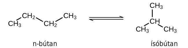 Three Lewis structures are shown. The first is labeled, “n dash Butane,” and has a C H subscript 3 single bonded to a C H subscript 2 group. This C H subscript 2 group is single bonded to another C H subscript 2 group which is single bonded to a C H subscript 3 group. The second is labeled, “iso dash Butane,” and is composed of a C H group single bonded to three C H subscript 3 groups. The third structure shows a chain of atoms: “C H subscript 3, C H subscript 2, C H subscript 2, C H subscript 3,” a double-headed arrow, then a carbon atom single bonded to three C H subscript 3 groups as well as a hydrogen atom.