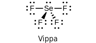 This Lewis structure shows a selenium atom with one lone pair of electrons single bonded to four fluorine atoms, each of which has three lone pairs of electrons. The image is labeled “Seesaw.”