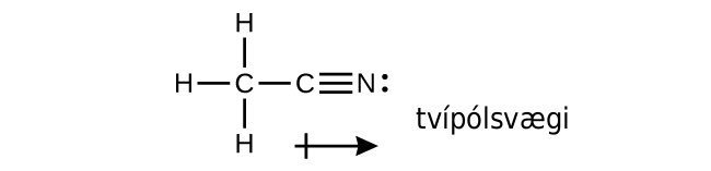 A Lewis structure is shown in which a carbon atom is attached by single bonds to three hydrogen atoms. It is also attached by a single bond to a carbon atom that is triple bonded to a nitrogen atom with one lone electron pair. Below the structure is a right facing arrow with its head near the nitrogen and its tail, which looks like a plus sign, located near the carbon atoms. The arrow is labeled, “dipole moment.”