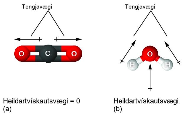 Myndin sýnir Lewisbyggingu eða þrívíða sameindabyggingu sem skýrir rafeindapararúmfræði, tengjahorn og skautun sameindarinnar.