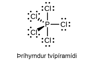 This Lewis structure shows a phosphorus atom single bonded to five chlorine atoms, each of which has three lone pairs of electrons. The image is labeled, “Trigonal bipyramidal.”