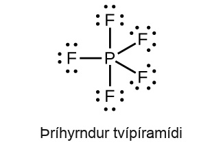 This Lewis structure shows a phosphorus atom single bonded to five fluorine atoms, each with three lone pairs of electrons. The label, “Trigonal bipyramidal,” is written under the structure.