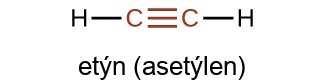 The structural formula and name for ethyne, also known as acetylene, are shown. In red, two C atoms are shown with a triple bond illustrated by three horizontal line segments between them. Shown in black at each end of the structure, a single H atom is bonded.