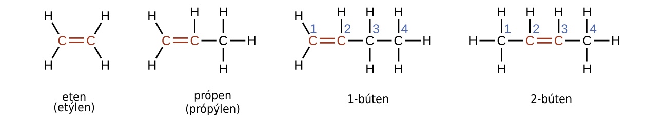 Four structural formulas and names are shown. The first shows two red C atoms connected by a red double bond illustrated with two parallel line segments. H atoms are bonded above and below to the left of the left-most C atom. Two more H atoms are similarly bonded to the right of the C atom on the right. Beneath this structure the name ethene and alternate name ethylene are shown. The second shows three C atoms bonded together with a red double bond between the red first and second C atoms moving left to right across the three-carbon chain. H atoms are bonded above and below to the left of the C atom to the left. A single H is bonded above the middle C atom. Three more H atoms are bonded above, below, and to the right of the third C atom. Beneath this structure the name propene and alternate name propylene is shown. The third shows four C atoms bonded together, numbered one through four moving left to right with a red double bond between the red first and second carbon in the chain. H atoms are bonded above and below to the left of the C atom to the left. A single H is bonded above the second C atom. H atoms are bonded above and below the third C atom. Three more H atoms are bonded above, below, and to the right of the fourth C atom. Beneath this structure the name 1 dash butene is shown. The fourth shows four C atoms bonded together, numbered one through four moving left to right with a red double bond between the red second and third C atoms in the chain. H atoms are bonded above, below, and to the left of the left-most C atom. A single H atom is bonded above the second C atom. A single H atom is bonded above the third C atom. Three more H atoms are bonded above, below, and to the right of the fourth C atom. Beneath this structure the name 2 dash butene is shown.