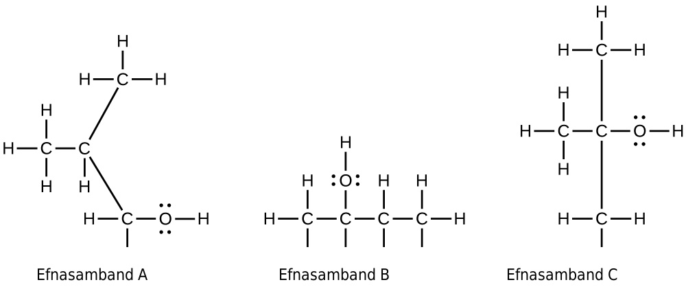 This figure shows three molecular structures labeled compound A, compound B, and compound C. In A, a C atom is shown bonded the three H atoms and a second C atom. This C atom is bonded to one H atom. Up and to the right it is bonded to another C atom which is bonded to three H atoms. Down and to the left it is bonded to another C atom which is bonded to two H atoms and an O atom. The O atom is bonded to an H atom. The O atom has two pairs of electron dots. In B, a C atom is bonded to three H atoms and another C atom. This second C atom is bonded to an H atom and an O atom. The O atom has two pairs of electron dots and is bonded to an H atom. The second C atom is bonded to third C atom which is bonded to two H atoms. The third C atom is bonded to a fourth C atom which is bonded to three H atoms. In C, a C atom is bonded to three H atoms and another C atom. This C atom is bonded above to another C atom which is bonded to three H atoms, and below to a C atom which is bonded to three H atoms. It is also bonded to an O atom which is bonded to an H atom. The O atom has two pairs of electron dots.