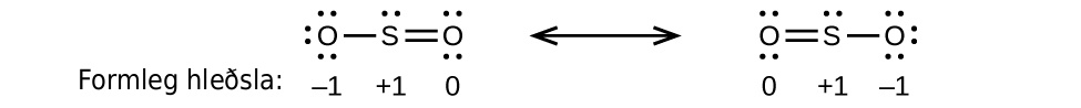 Two Lewis structures are shown, with a double-headed arrow in between. The left structure shows a sulfur atom with one lone pair of electrons single bonded to an oxygen atom with three lone pairs of electrons. The sulfur atom also double bonded to an oxygen atom with two lone pairs of electrons. The symbols and numbers below this structure read, “( negative 1 ), ( positive 1 ), ( 0 ).” The right structure appears as a mirror image of the left and the symbols and numbers below this structure read, “( 0 ), ( positive 1 ), ( negative 1 ).”