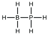 This Lewis structure is composed of a boron atom single bonded to a phosphorus atom. Each of these atoms is single bonded to three hydrogen atoms.